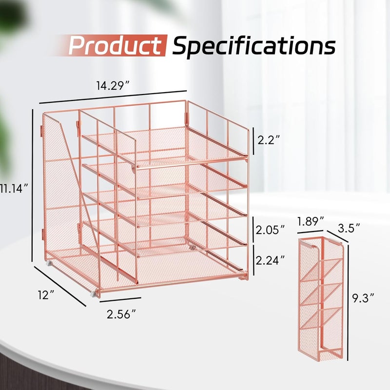 ReePlan Rose Gold Desk Accessories, 5-Tier Desk Organizer with Magazine Holder, Paper Organizer with Pen Holder for Home, Office or School Supplies - Image 3